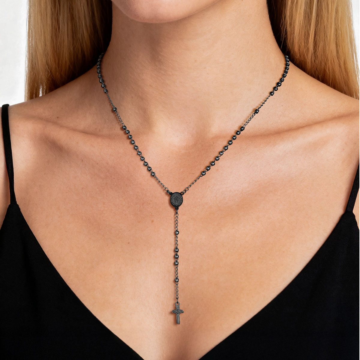A Woman Wearing Mini Virgin Mary Rosary Beads Necklace with Cross