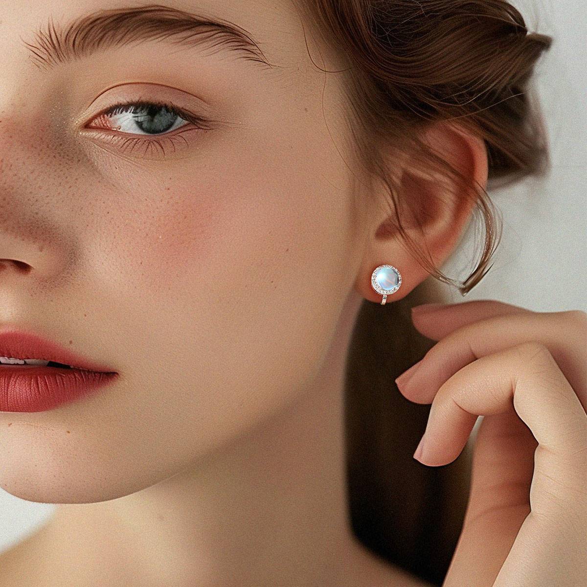 A Woman Wearing Moonstone Non-Pierced Stud Earrings Clip-on Earrings