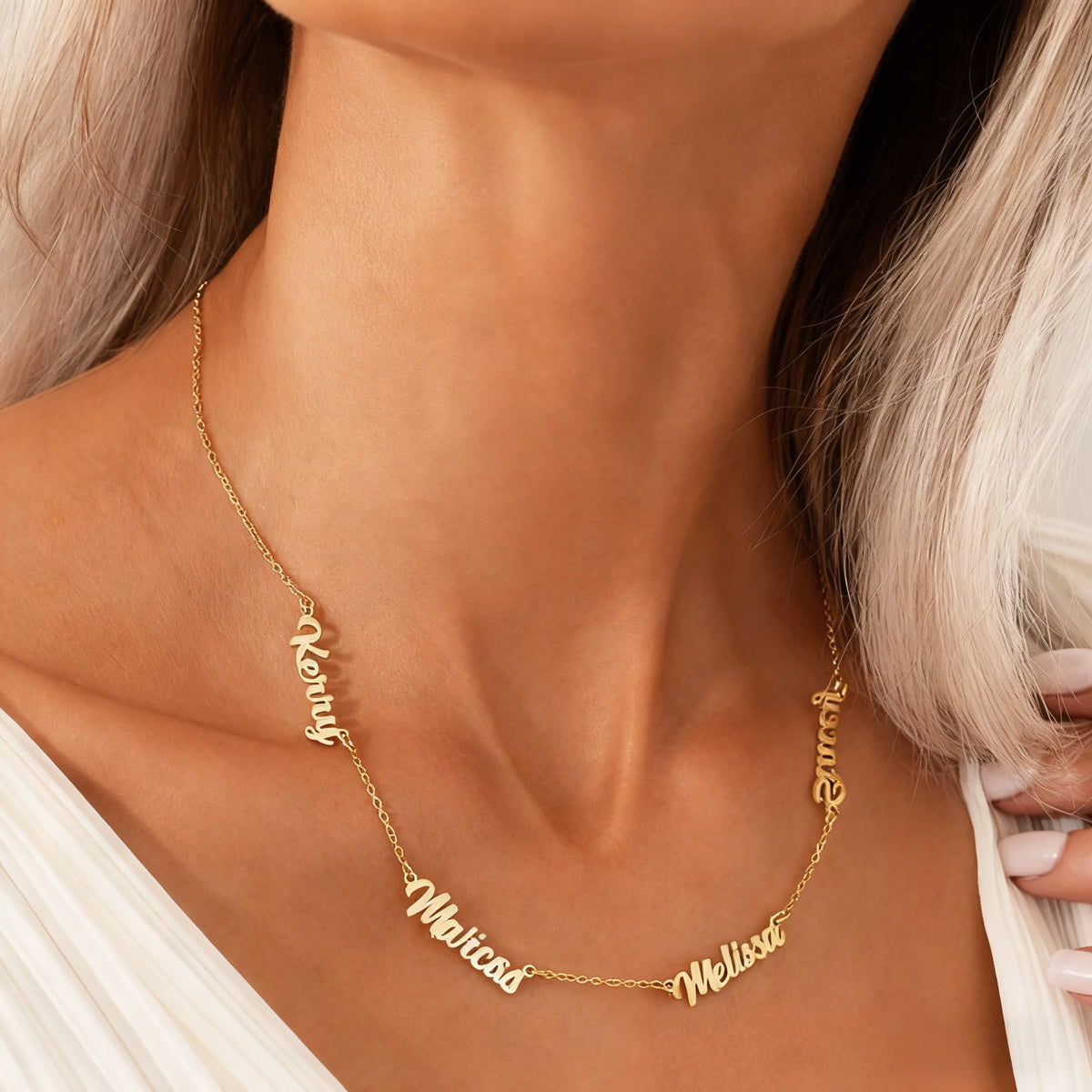 A Woman Wearing Multiple Names Necklace