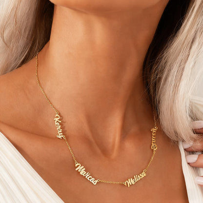 A Woman Wearing Multiple Names Necklace