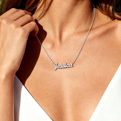 A Woman Wearing Name Necklace with Cubic Zirconia