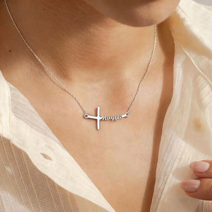 A Woman Wearing Name Sideways Cross Necklace