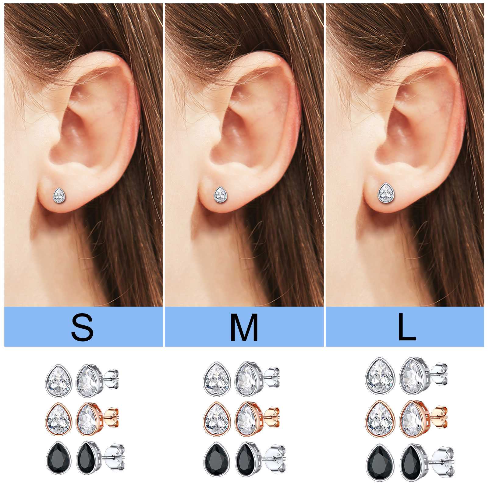 A Woman Wearing  Pear Cut CZ Earrings in different size