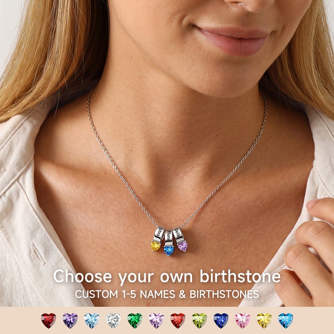 A Woman Wearing Personalized 1-5 Names Heart Birthstone Necklace