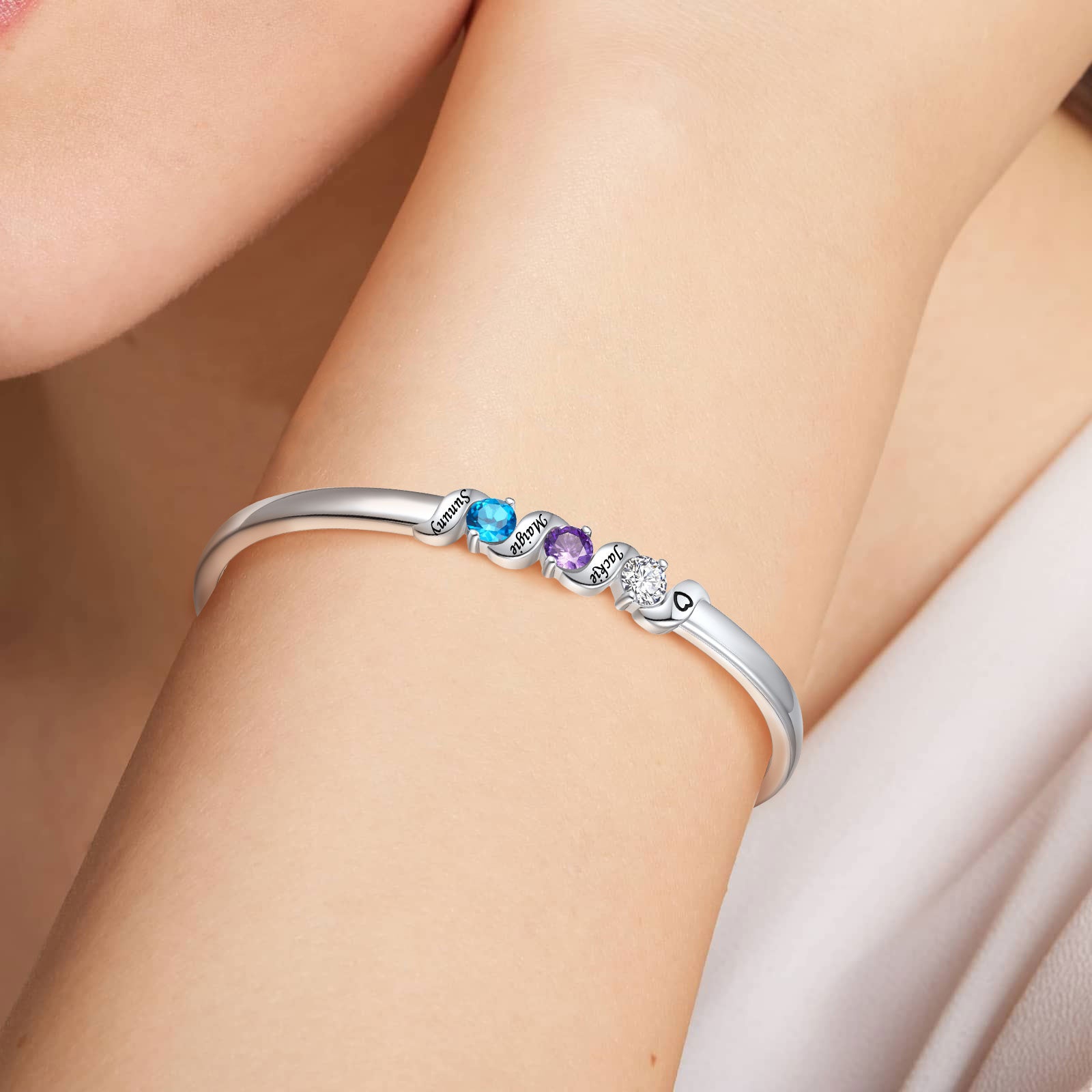A Woman Wearing Personalized Adjustable Family Birthstone Cuff Bracelet
