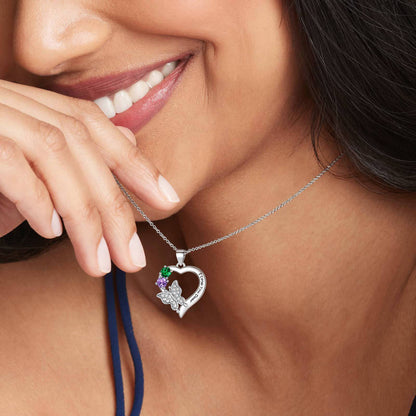 A Woman Wearing Personalized Birthstone Butterfly Heart Necklace