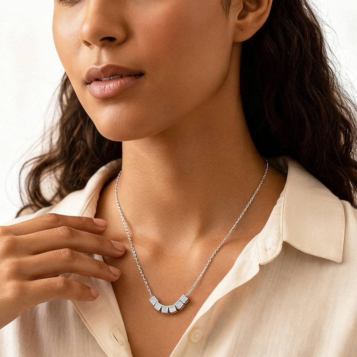 A Woman Wearing Personalized Cube Bead Initial Necklace
