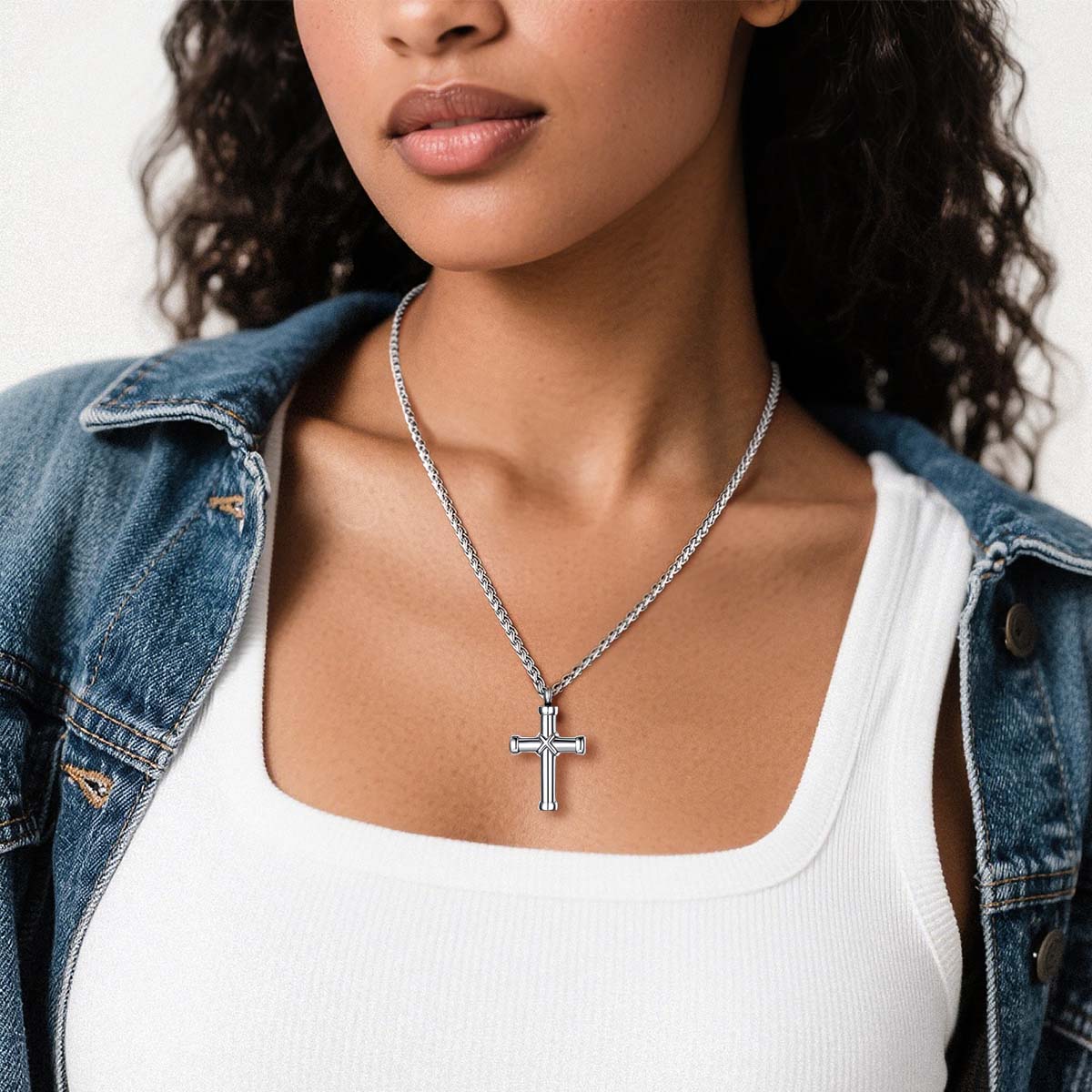  A Woman Wearing Personalized Engravable X Cross Urn Necklaces