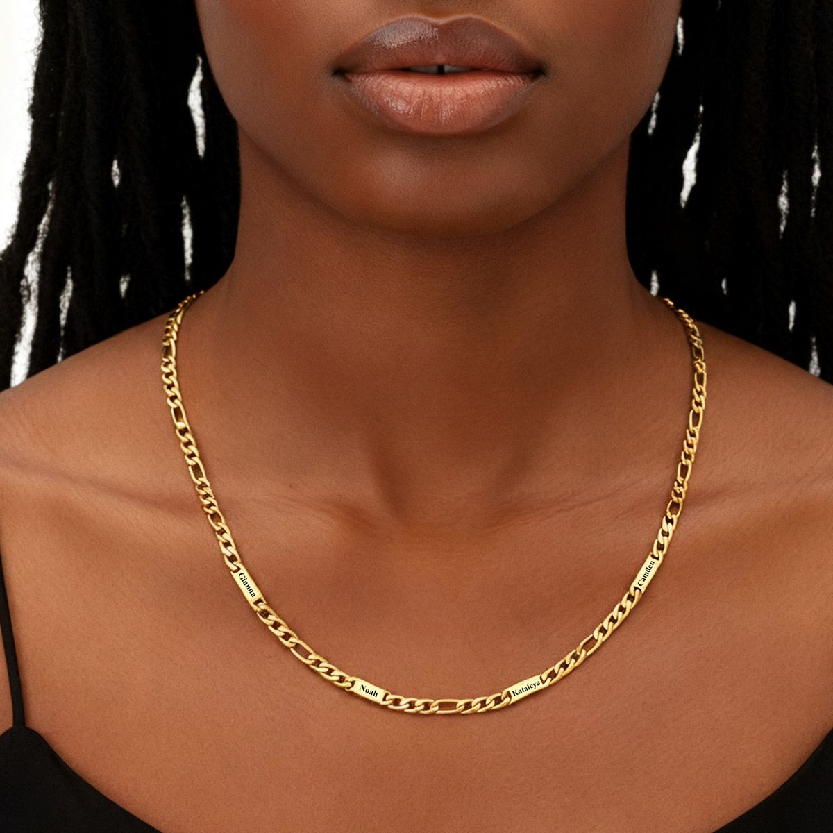 A Woman Wearing Personalized Engraving Name Figaro Chain Necklace