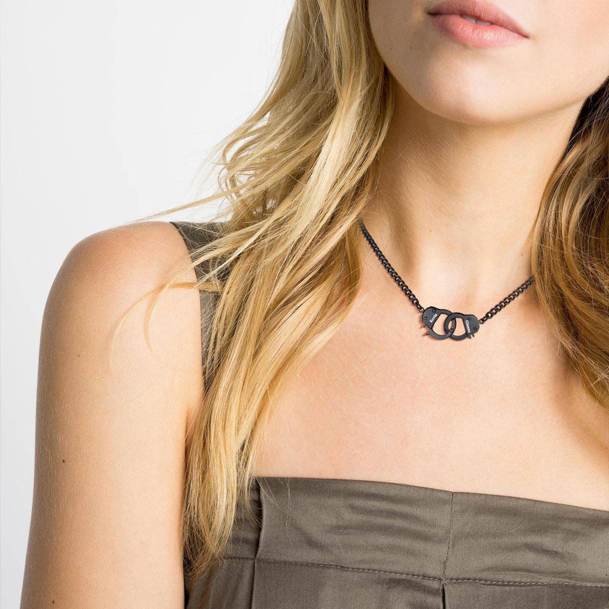 A Woman Wearing Personalized Handcuffs Chain Necklace
