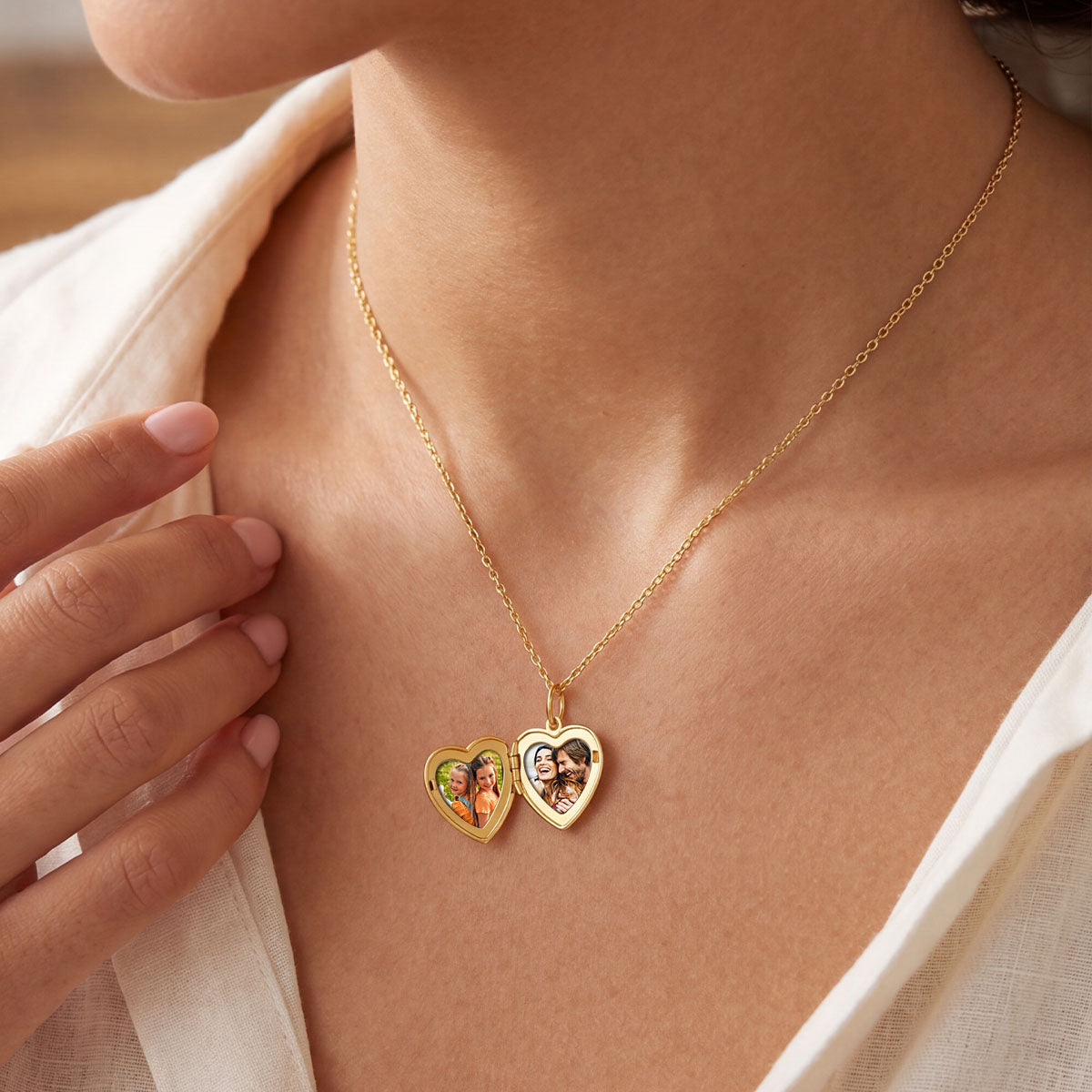 A Woman Wearing Personalized Heart Locket Necklace with Pictures