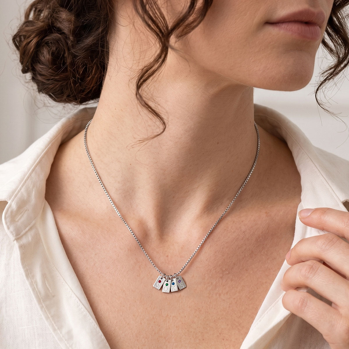 A Woman Wearing Personalized Initial Birthstone Tag Necklace