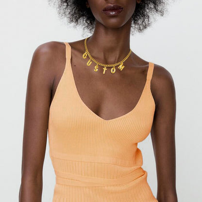 A Woman Wearing Personalized Initial Chain Choker Necklace