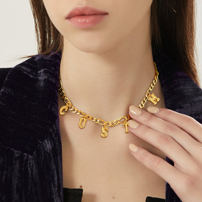 A Woman Wearing Personalized Initial Figaro Chain Choker Necklace