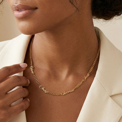 A Woman Wearing Personalized Multi Nameplate Cuban Link Necklace