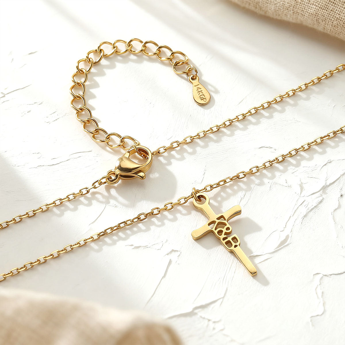 A Woman Wearing Personalized Name Cross Necklace in Gold Plated