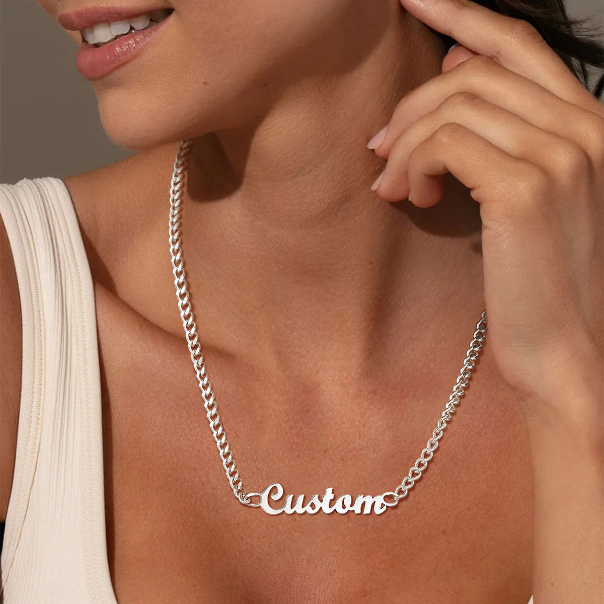 A Woman Wearing Personalized Name Cuban Chain Necklace for Men Women
