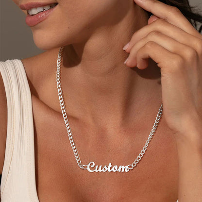 A Woman Wearing Personalized Name Cuban Chain Necklace for Men Women