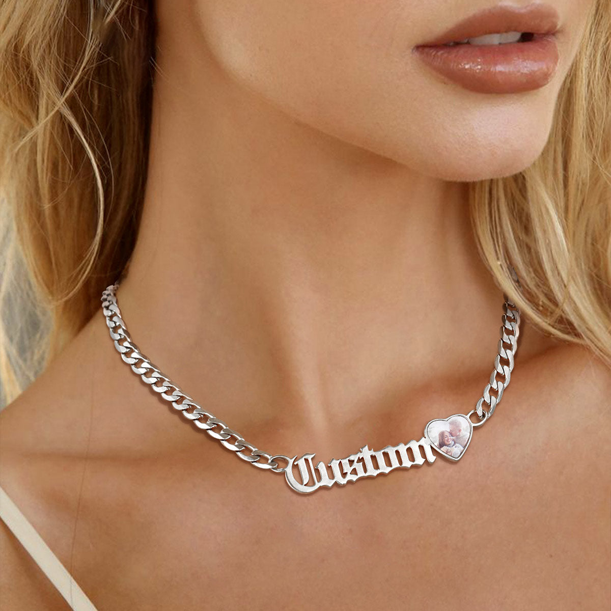 A Woman Wearing Personalized Name Cuban Chain Picture Necklace