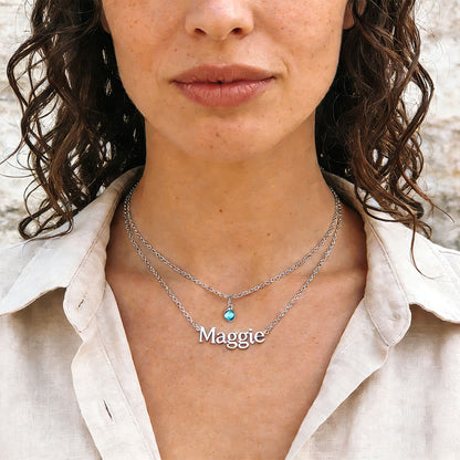 A Woman Wearing Personalized Name Necklace with Birthstone Gold Plated