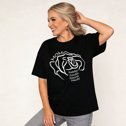A Woman Wearing Personalized Name Rose T Shirt for Mom 1-4 Names 