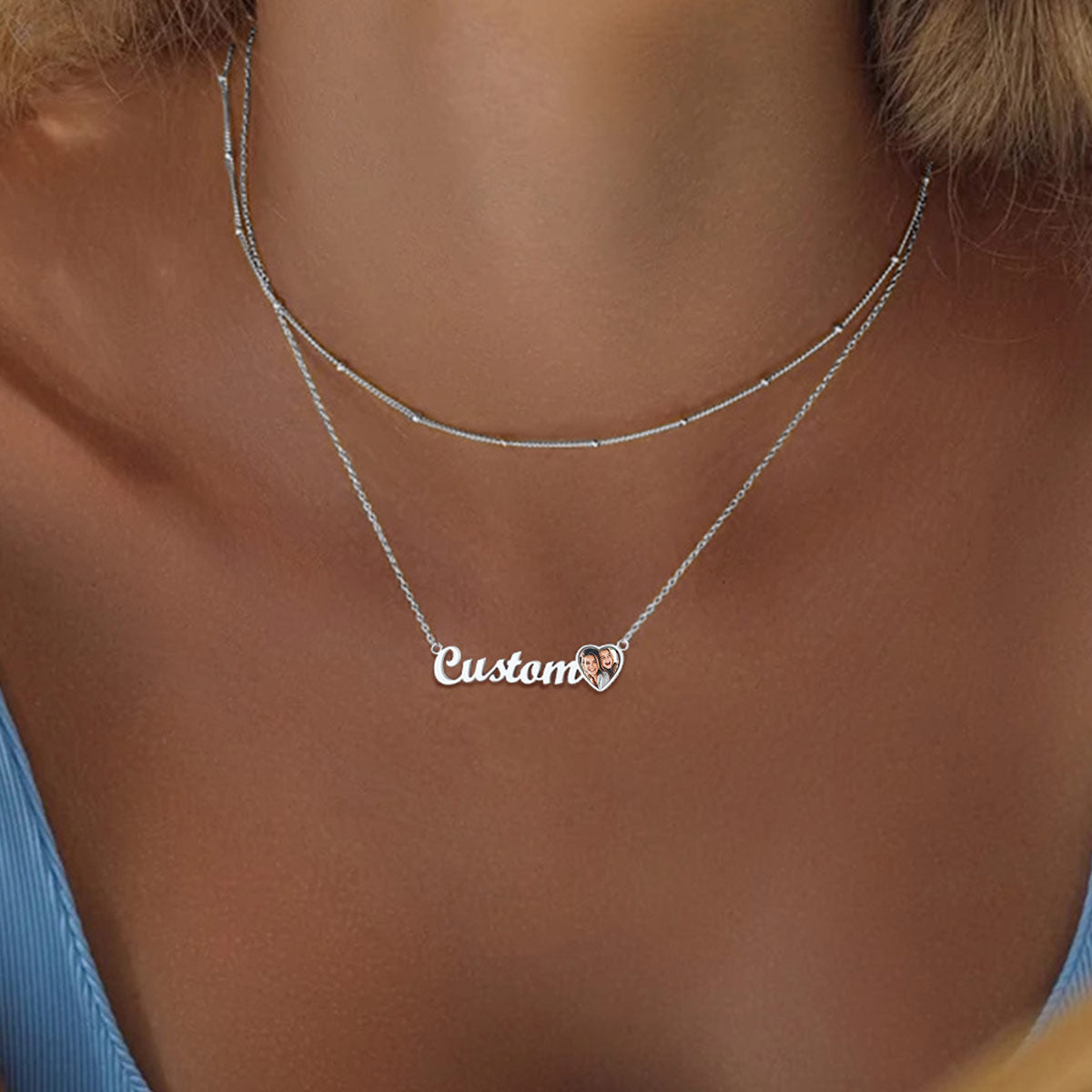 A Woman Wearing Personalized Photo Name Necklace 