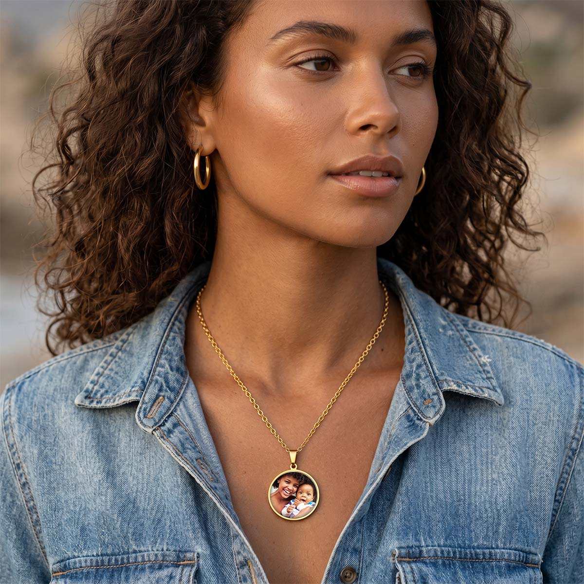 A Woman Wearing Personalized Round Double Sided Picture Necklace