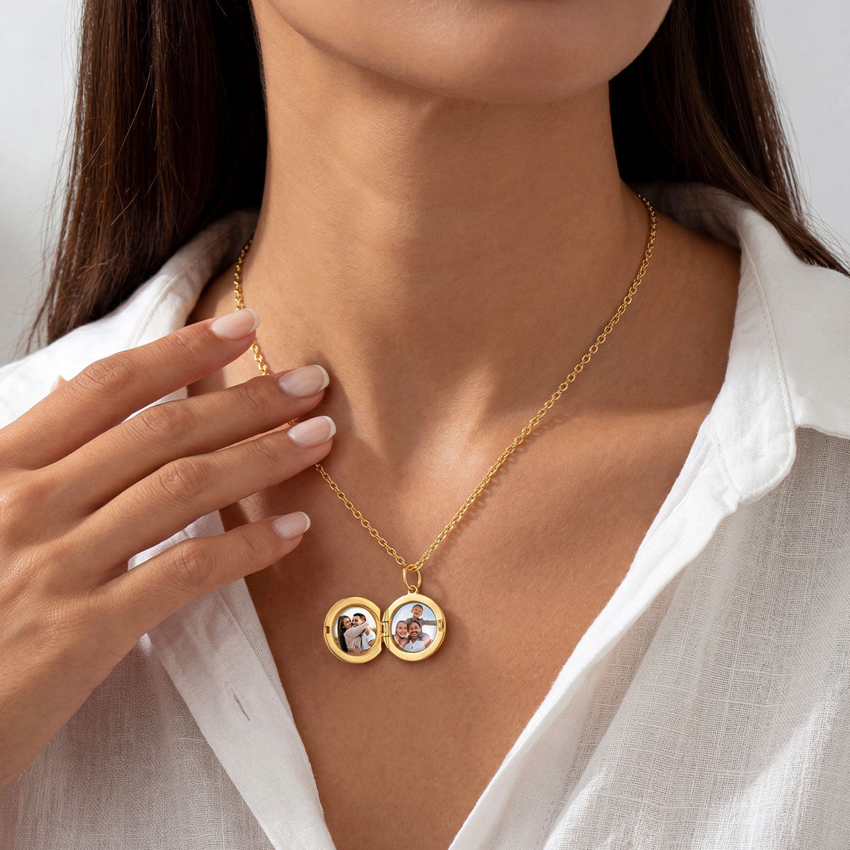 A Woman Wearing Personalized Round Locket Necklace with Photo
