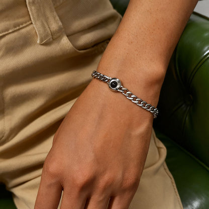 A Woman Wearing Photo Projection Bracelet