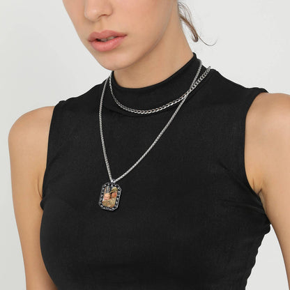A Woman Wearing Picture Skull Octagonal Dog Tag Necklace