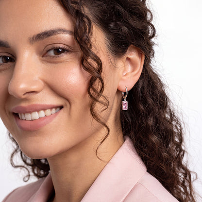 A Woman Wearing Rectangular Baguette‑Cut Birthstone Dangle Earrings
