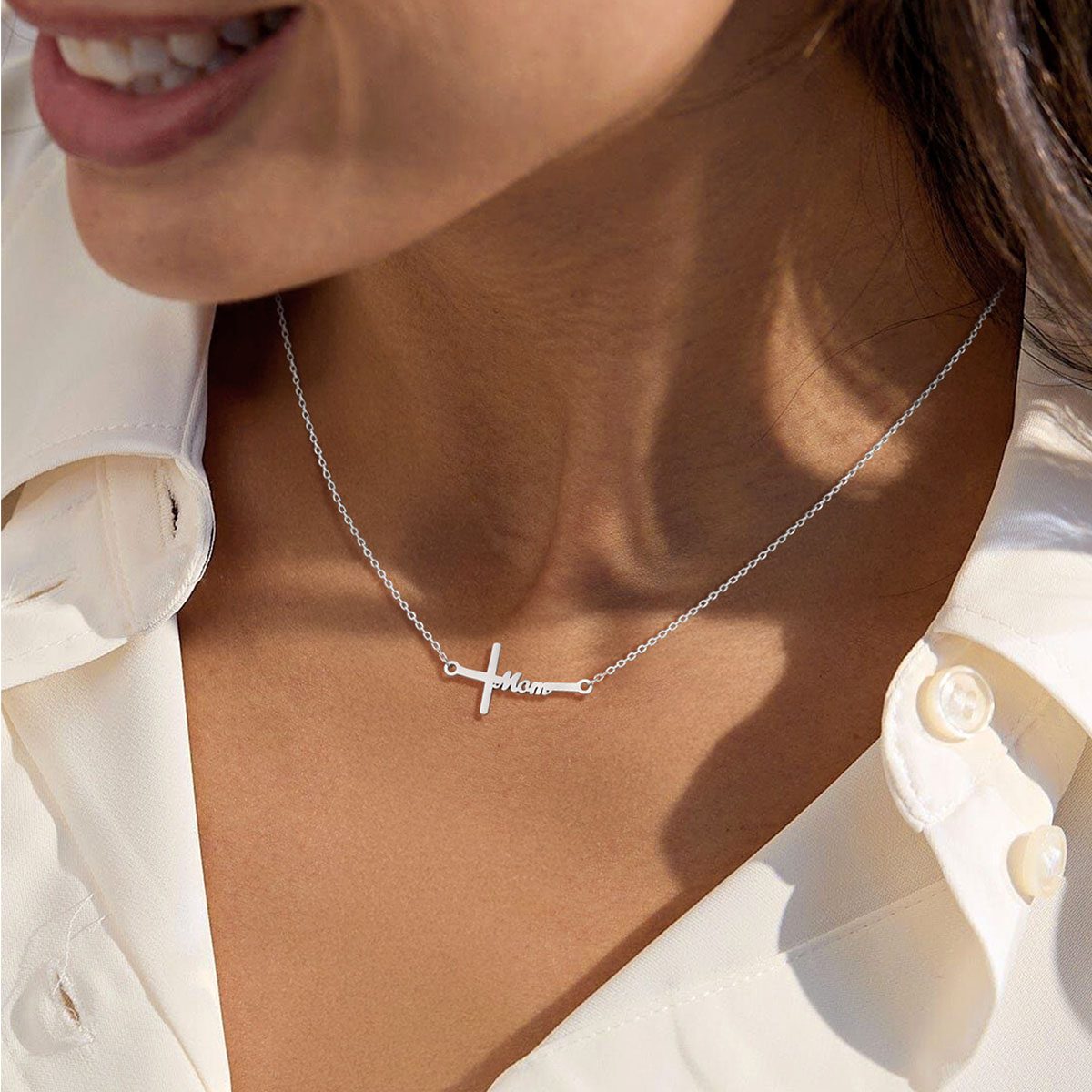 A Woman Wearing Sideways Cross Mom Necklace