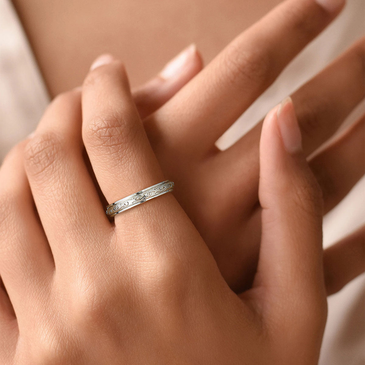 A Woman Wearing Silver Celtic Knot Anxiety Fidget Ring