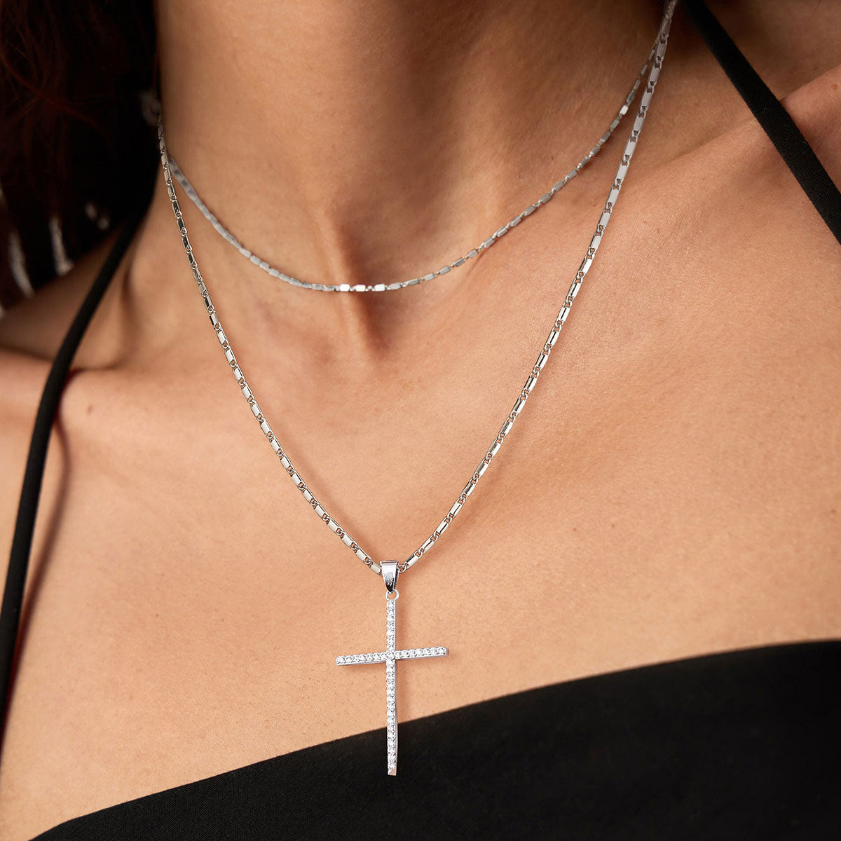 A Woman Wearing Simple CZ Cross Necklace
