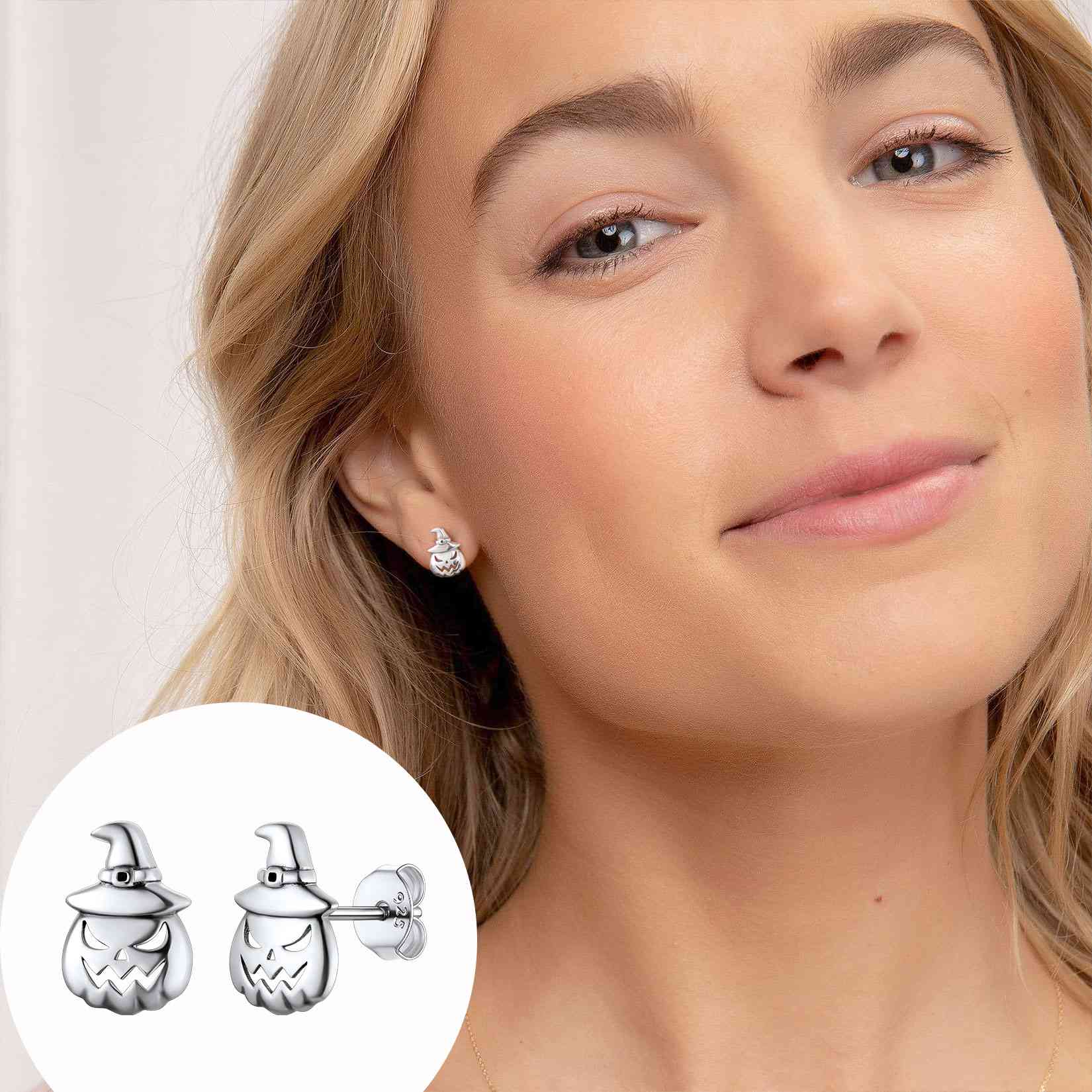 A Woman Wearing Skull of Jack Stud Earrings in 925 Sterling Silver