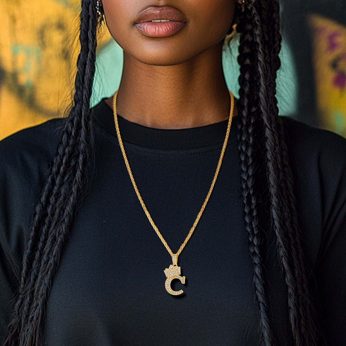 A Woman Wearing Sparkly Cubic Zirconia Initial Necklace