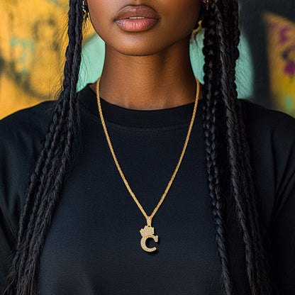 A Woman Wearing Sparkly Cubic Zirconia Initial Necklace