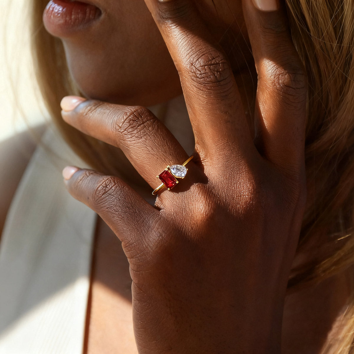 A Woman Wearing Toi et Moi Birthstone Ring