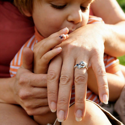 A Woman and kid Wearing Footprint Mother's Birthstone Ring with Names