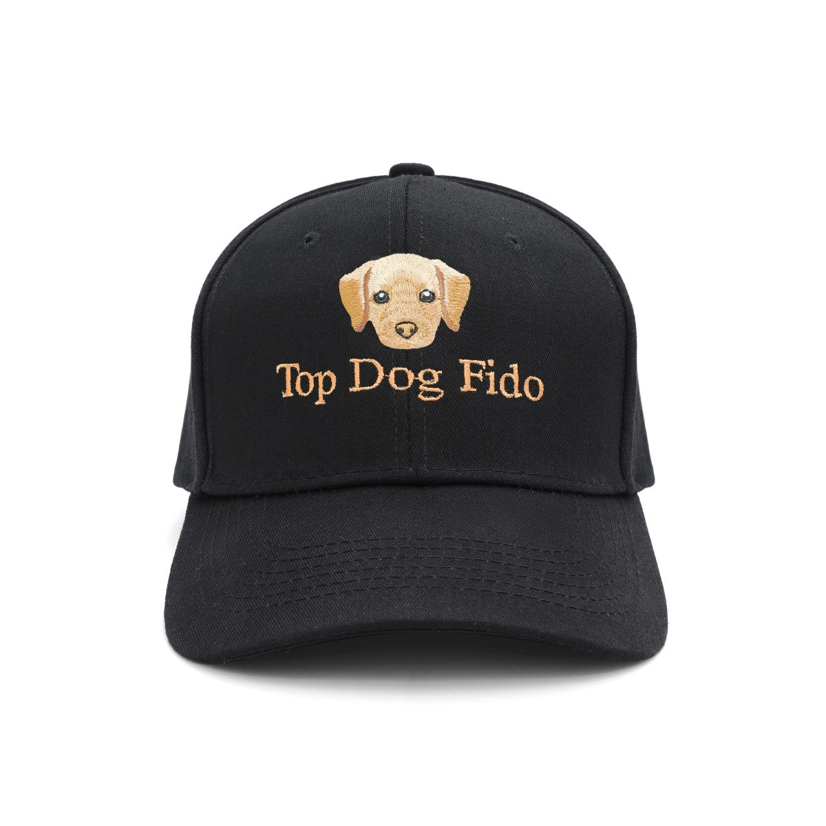 A black baseball cap featuring an embroidered tan dog face and the text 'Top Dog Fido' in tan embroidery on the front, set against a plain white background.