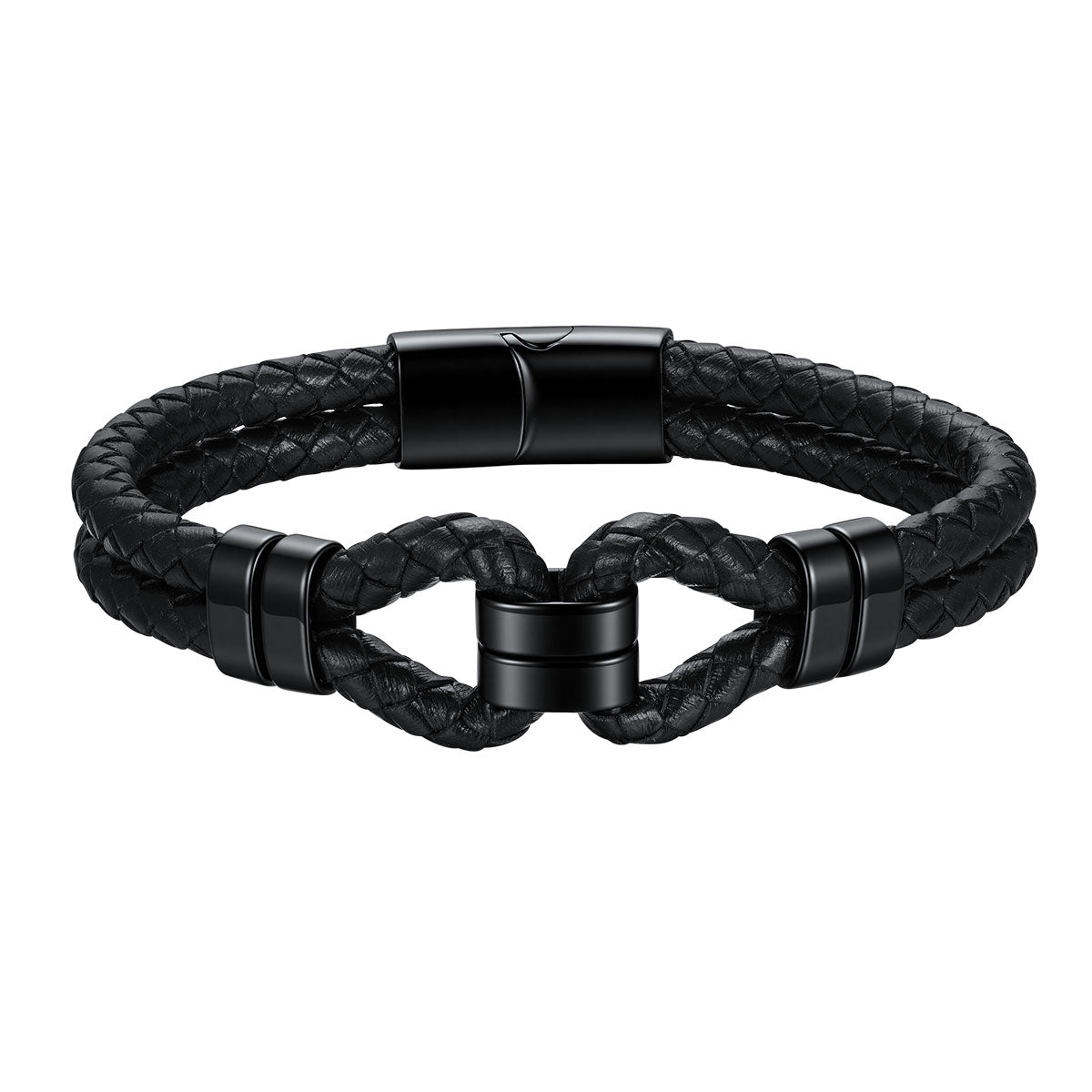 A black braided leather bracelet with a knot-style center and matte black metal clasp, shown on a plain white background.