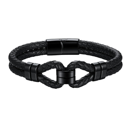 A black braided leather bracelet with a knot-style center and matte black metal clasp, shown on a plain white background.