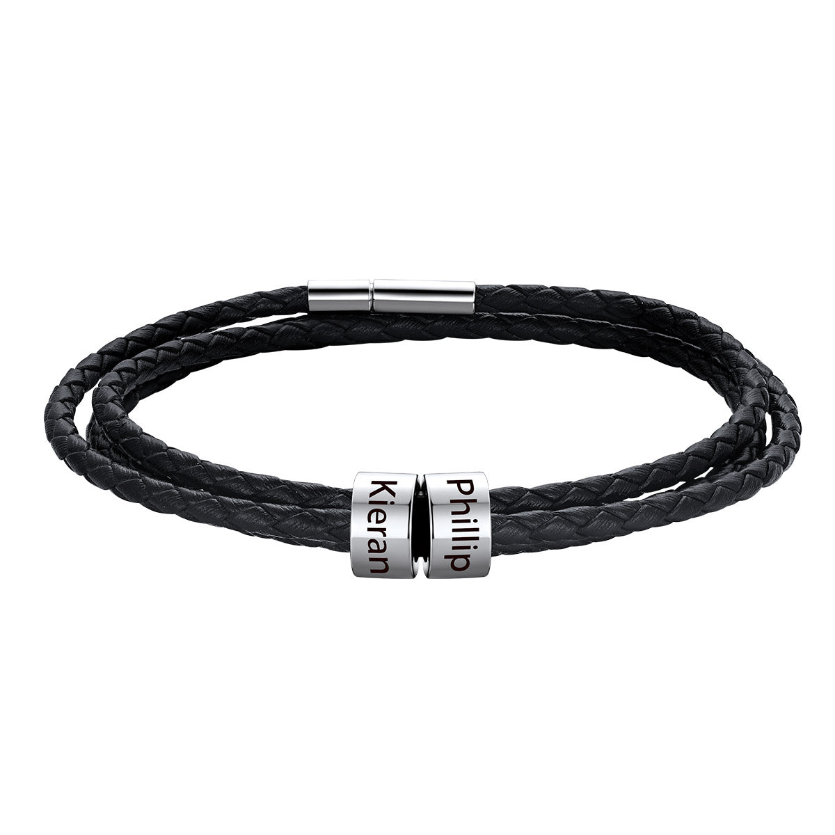 A black braided leather bracelet with two silver cylindrical nameplates engraved with the names 'Kieran' and 'Phillip', shown on a plain white background.