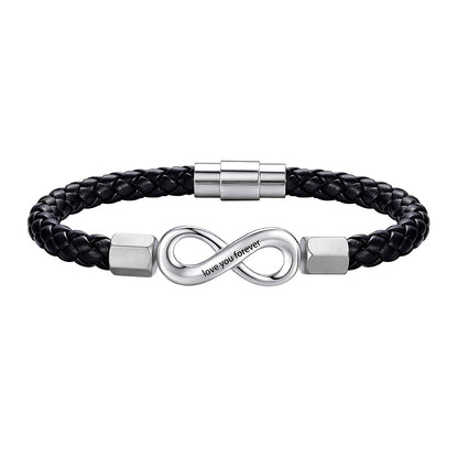 A black braided leather infinity bracelet with a polished silver infinity symbol centerpiece engraved with 'love you forever', flanked by two silver square beads, on a plain white background.