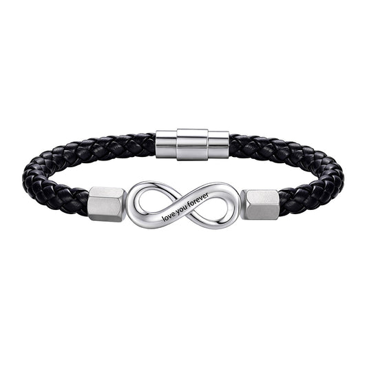 A black braided leather infinity bracelet with a polished silver infinity symbol centerpiece engraved with 'love you forever', flanked by two silver square beads, on a plain white background.