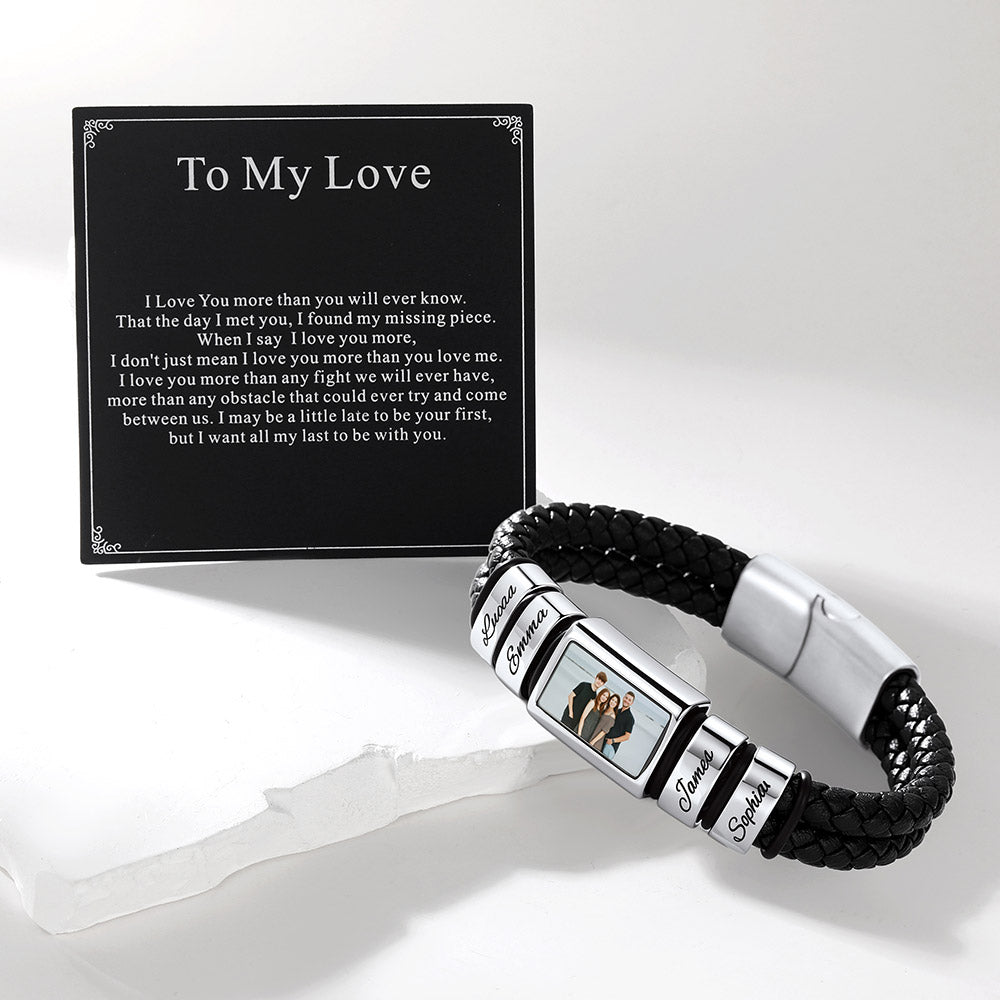 A black braided multi name photo bracelet with a silver-toned clasp and a rectangular photo panel engraved with 'Together' and 'Se. & M.