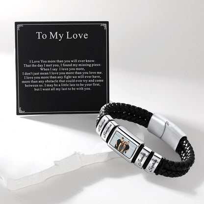 A black braided multi name photo bracelet with a silver-toned clasp and a rectangular photo panel engraved with 'Together' and 'Se. & M.