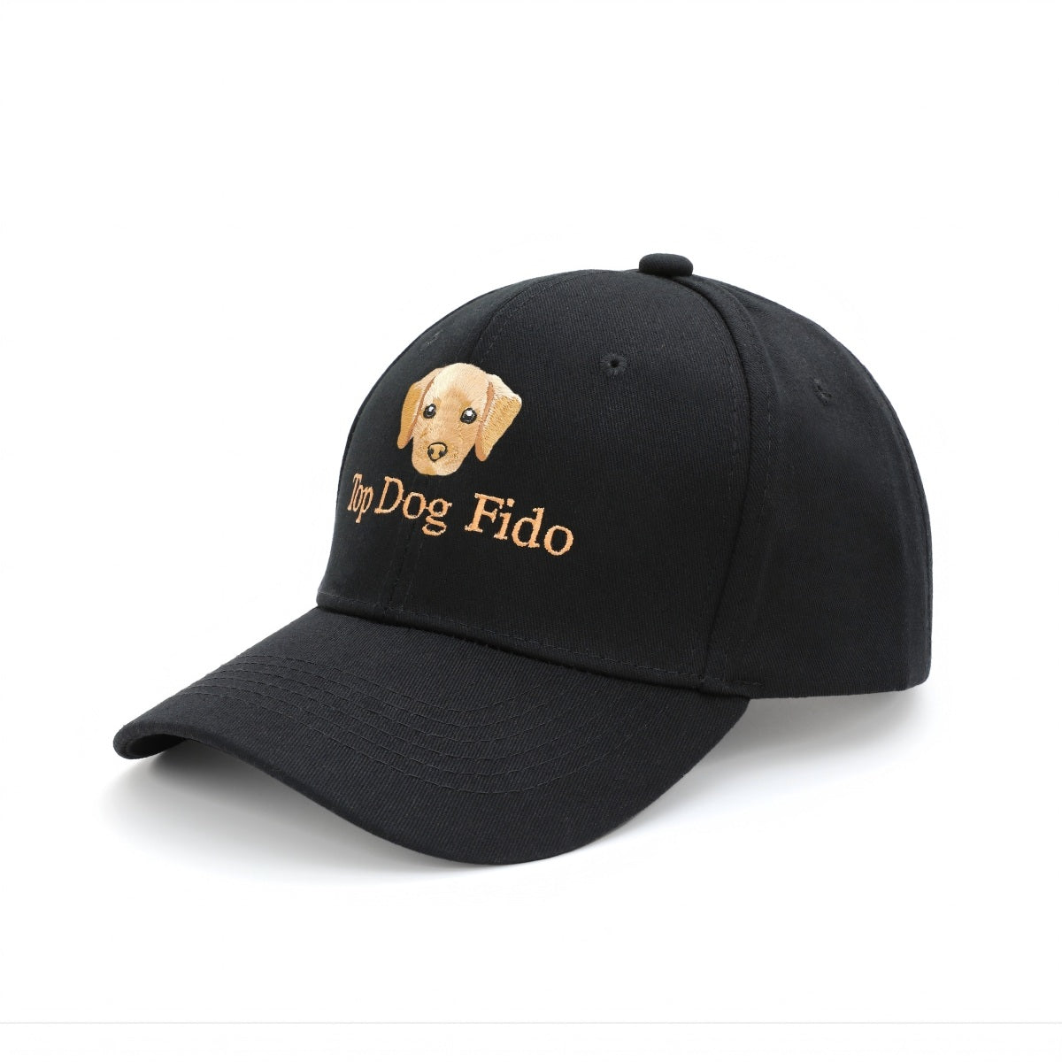 A black dog pet baseball cap featuring an embroidered golden retriever dog face and the text 'My Dog Fido' in gold on the front panel, set against a plain white background.