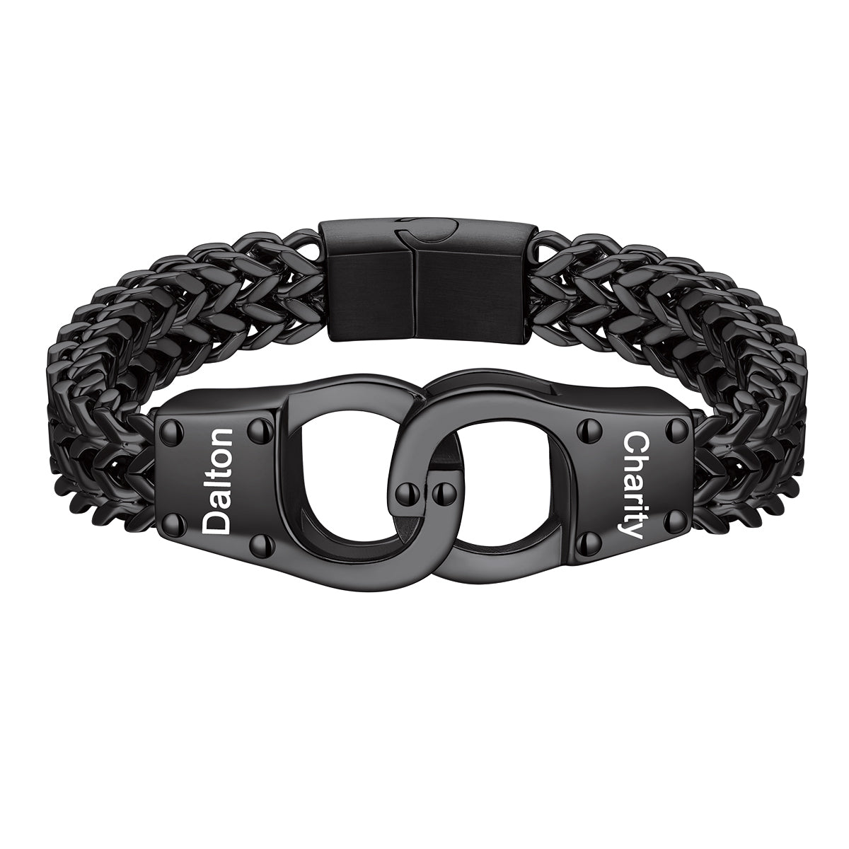 A black metal chain bracelet with a central clasp designed like handcuffs, featuring the words 'Dalton' and 'Charity' engraved on the links, shown on a plain white background.