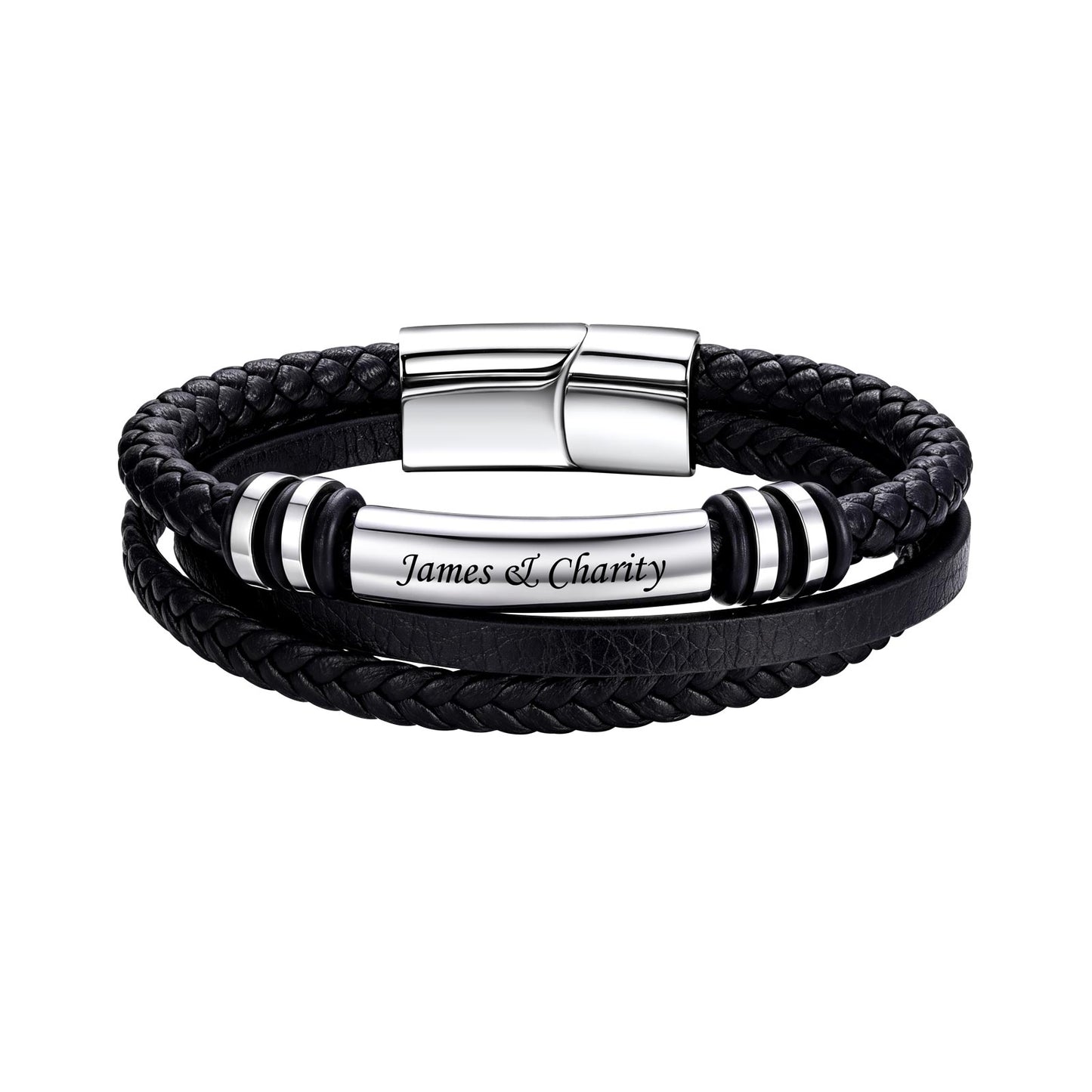 A black multi-layered leather bracelet featuring a braided wrap, a smooth leather band, and a polished silver-tone central cylinder engraved with 'James & Charity'. The bracelet is secured with a silver magnetic clasp and accented with black-and-silver spacer beads, shown on a plain white background.